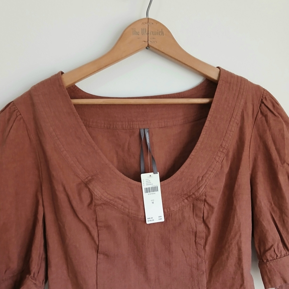 Anthropologie-Linen Blend-Scoop Neck-Puff Sleeve-Crop Corset-Rust-Size M-NWT - Picture 9 of 12